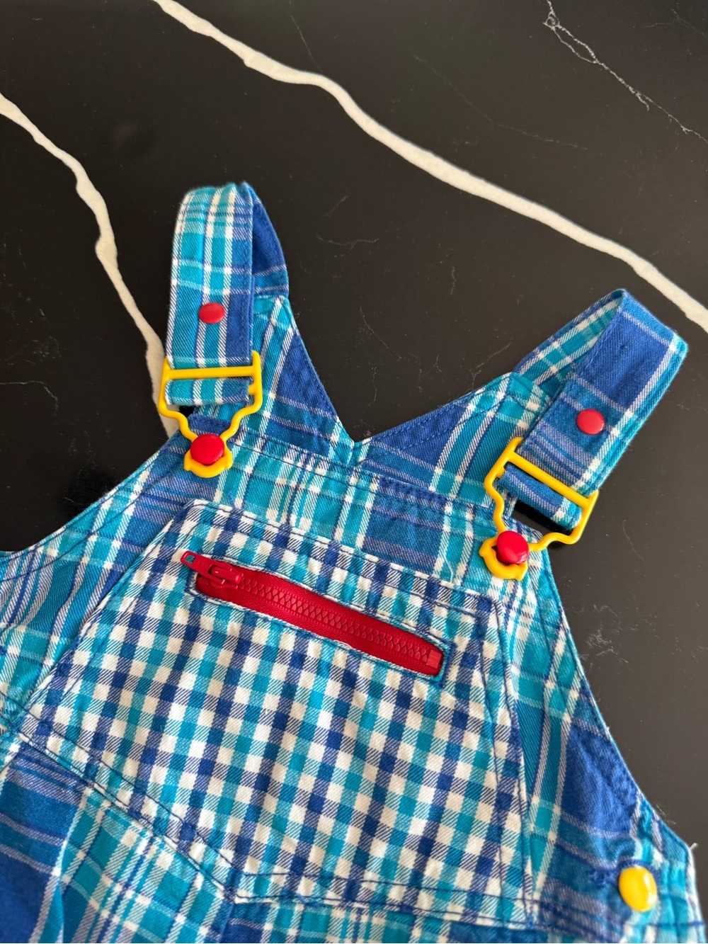 Vintage Gymboree Blue Plaid Overalls with Yellow Button Accents - Picture 3 of 8